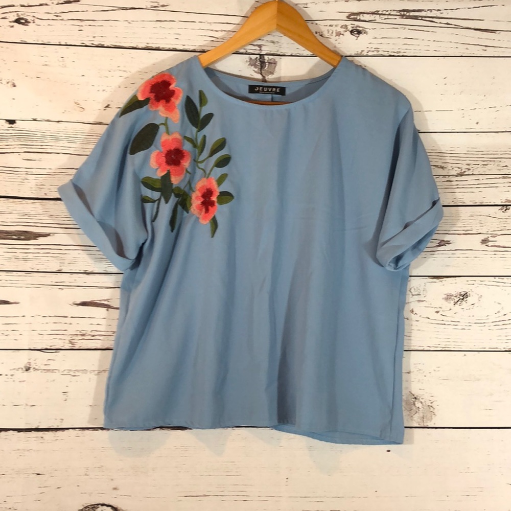 Jeuvre Medium Blue Floral Embroidered Boxy Top